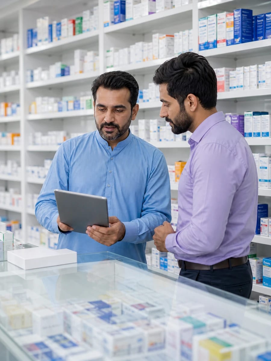 Pharmaceutical distributor representative working with a pharmacy customer