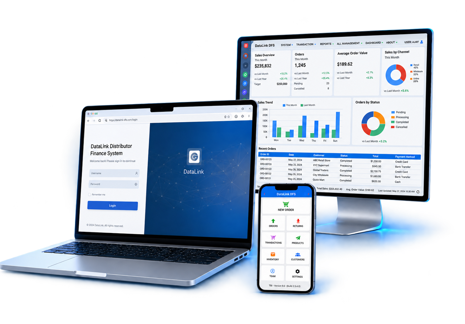 Datalink DFS pharmaceutical distribution software displayed on desktop, laptop and mobile devices